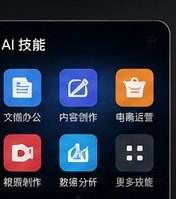 AI 技能选择屏幕概念图：文档办公、内容创作、电商运营、视频剪辑、数据分析等技能